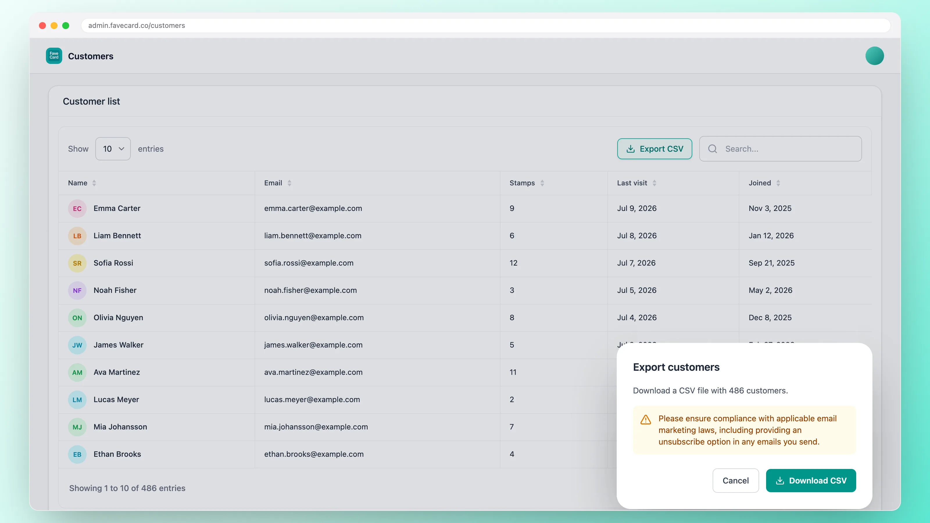 The FaveCard dashboard showing a customer email list with names and email addresses, and an Export CSV dialog to download 486 customers