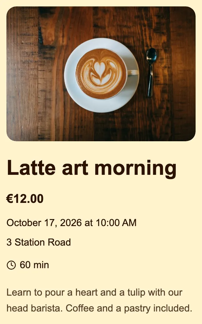 A real FaveCard business page event: Latte art morning, €12.00, October 17, 2026 at 10:00 AM, 3 Station Road, 60 min, with a latte art photo and a short description