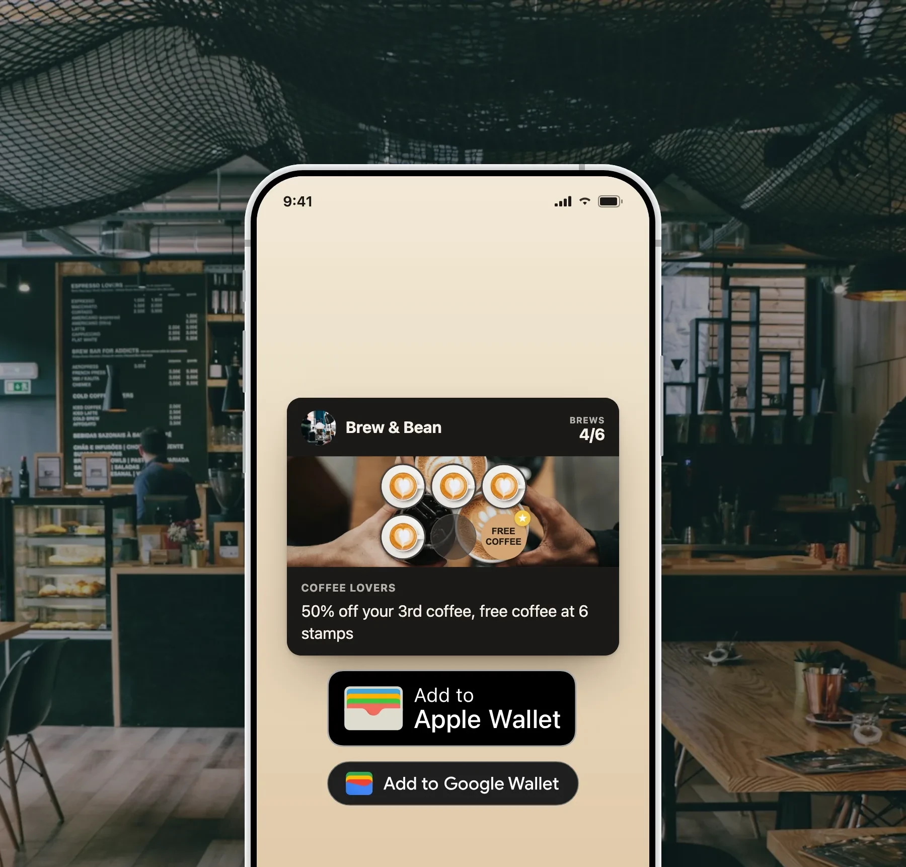 A branded loyalty card on a phone with Add to Apple Wallet and Add to Google Wallet buttons